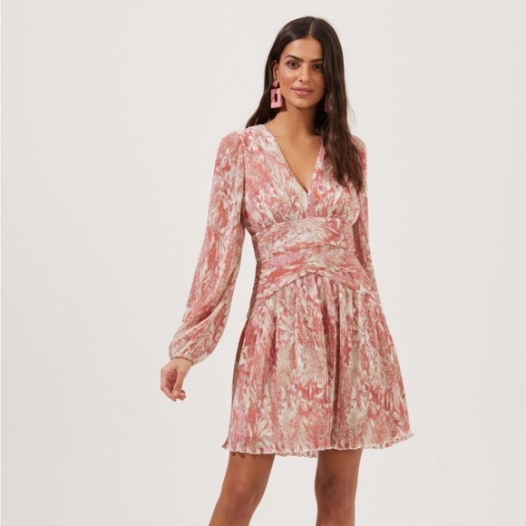 ASTR The Label Floral Long Sleeve Plisse Dress - Orange/Pink - Size Small - Picture 1 of 14